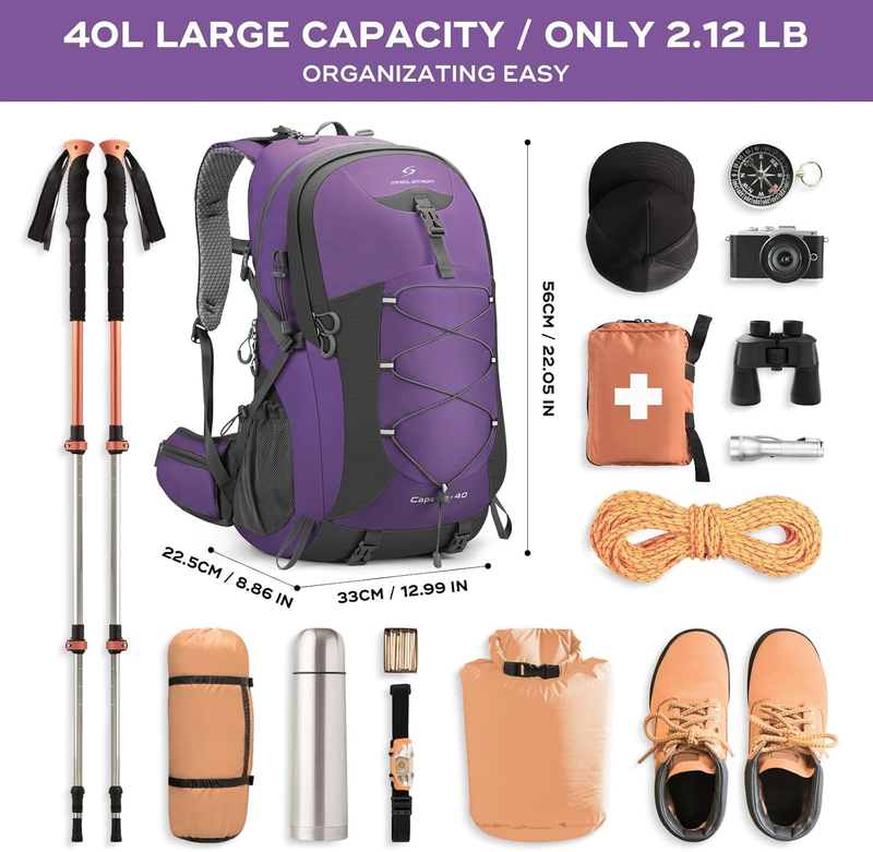 40L Waterproof Hiking Backpack Camping Travel Daypack Purple1