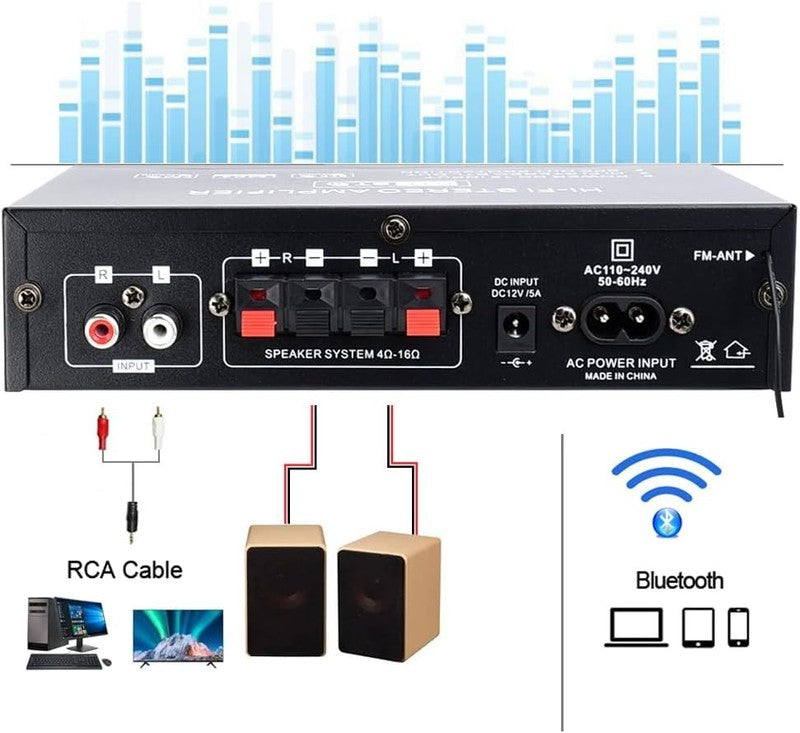 AK35 200W Bluetooth 5.0 Stereo Amp 2 Ch Mini Aux USB SD Remote Bass Treble5