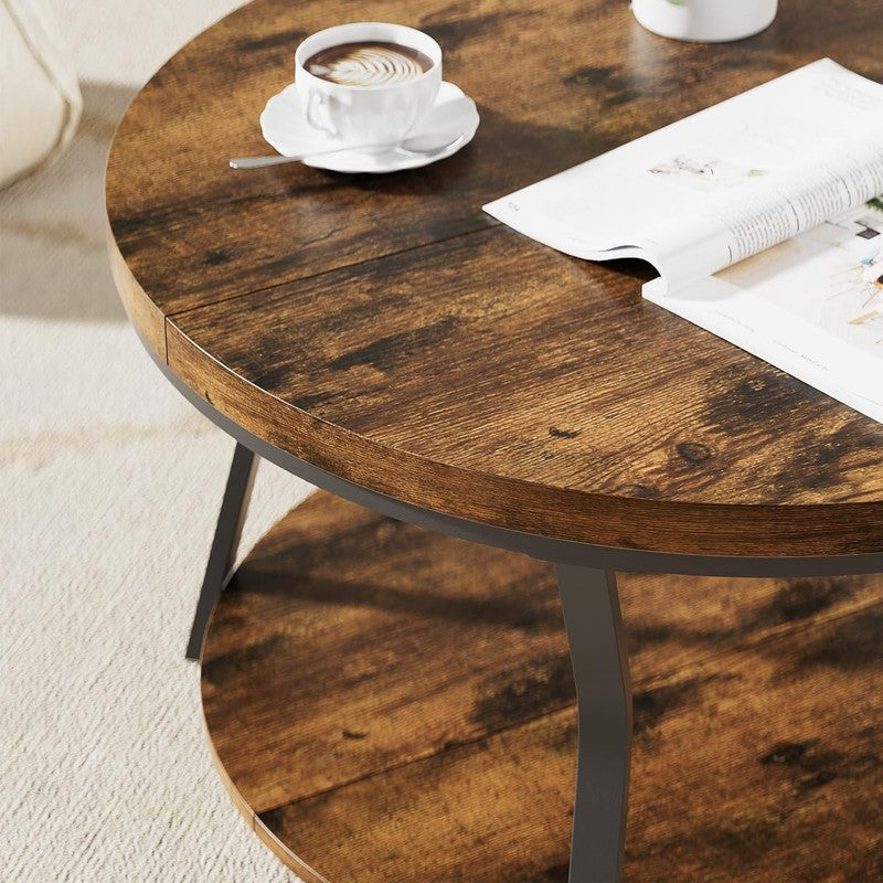 Round Coffee Table 2 Tier Industrial Wood Metal Frame 31.5in Rustic Brown3