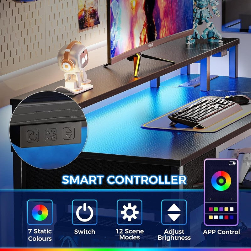 53'' L Shaped Gaming Desk LED Lights Power Outlets Reversible Black4