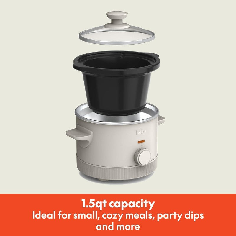 Bella 1.5Qt Slow Cooker, 3 Heat Manual, Nonstick Ceramic Pot, Glass Lid, Oatmilk1