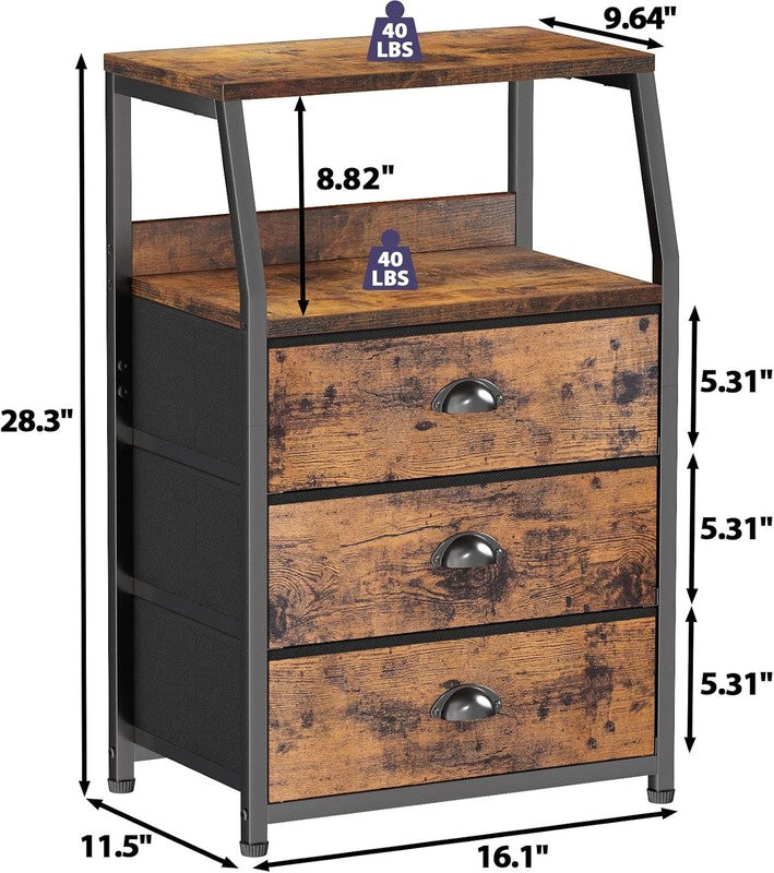 Nightstand with 3 Drawers and 2 Tier Shelf, Fabric Small Dresser Organizer Verti2
