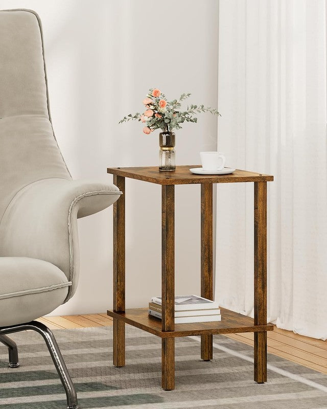 Set of 2 End Tables Nightstand 2 Tier Storage Shelf Side Table Brown8