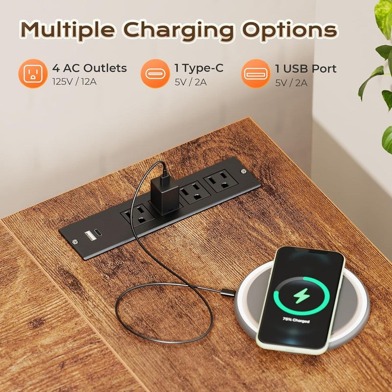 63'' L Shaped Desk w/ Power Outlets USB C Corner Gaming Desk Rustic Brown3