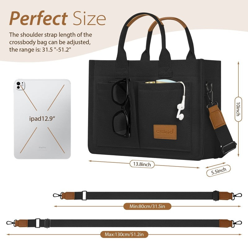 Canvas Tote Bag with Multi Pockets Large Crossbody Laptop Work Travel Tote Black6