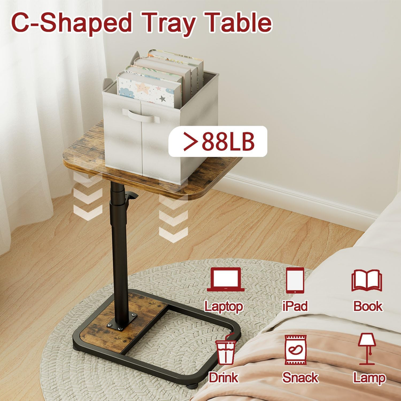 C-Shaped Swivel End Table Adjustable Side Table Rustic Brown Wood3