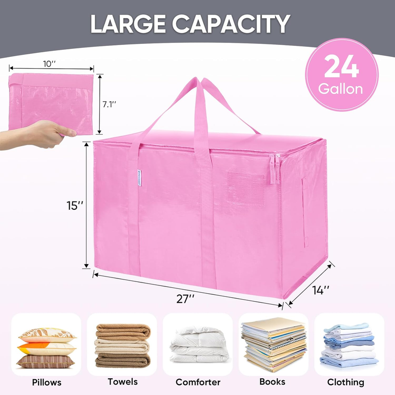 6 Pack Extra Large Heavy Duty Moving Bags Zipper Storage Totes Pink4