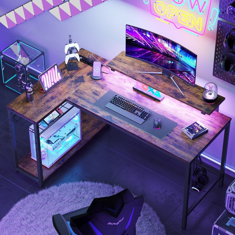 52" L-Shaped Computer Desk LED with Power Outlet & Monitor Stand Rustic7