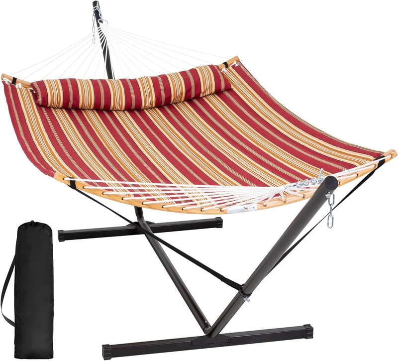 Portable Hammock w/ 12Ft Stand Double Curved Spreader Bar Red Stripes10