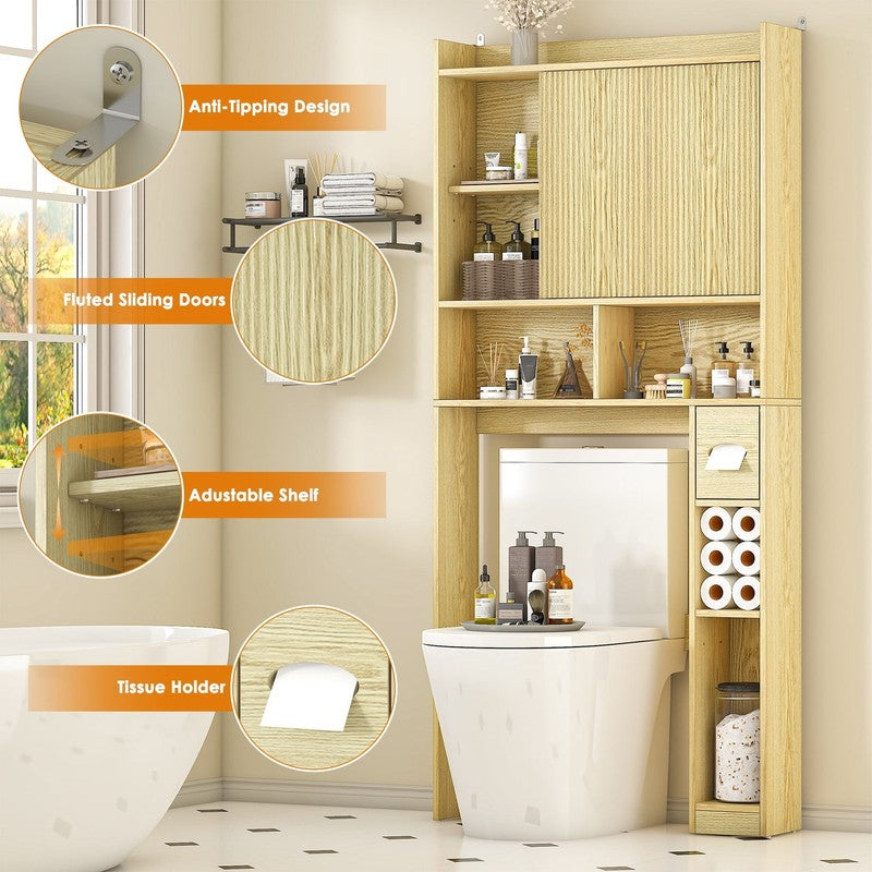 Over the Toilet Storage Cabinet with 2 Sliding Doors & Toilet Paper Holder, Free1