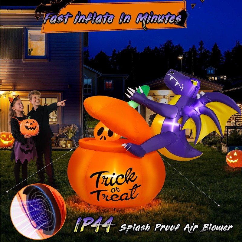 6Ft Halloween Inflatable Pumpkin Dinosaur w/ Lights Outdoor Decoration8