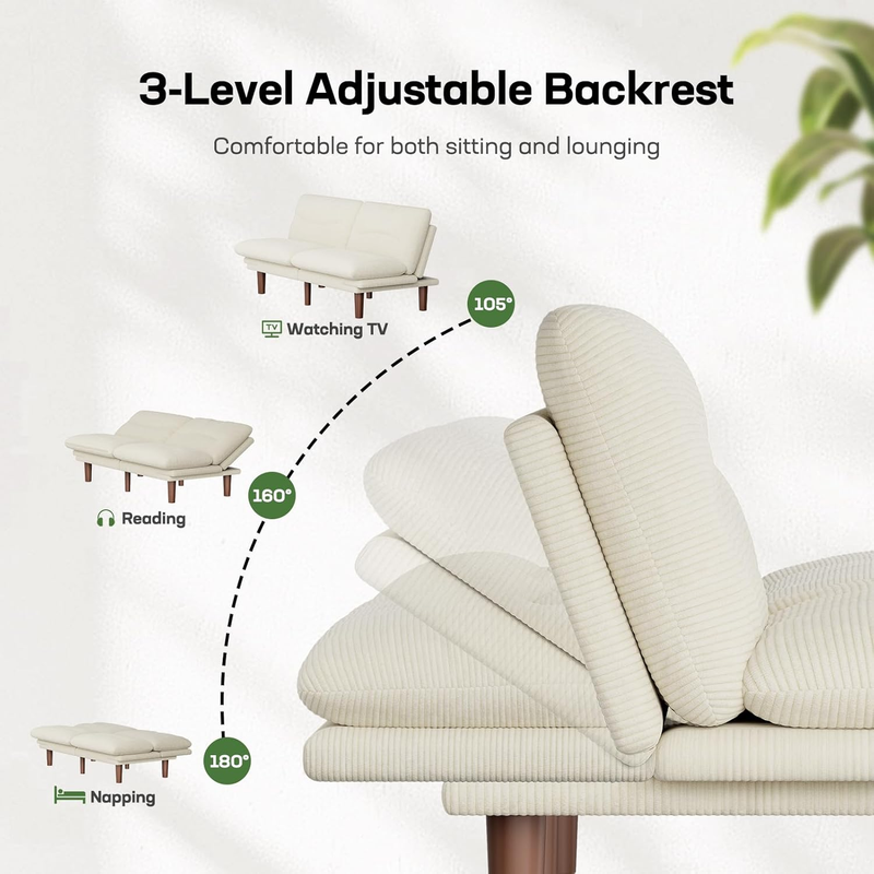 75in Futon Sofa Bed Convertible Corduroy Sleeper Sofa Loveseat Adjustable White3