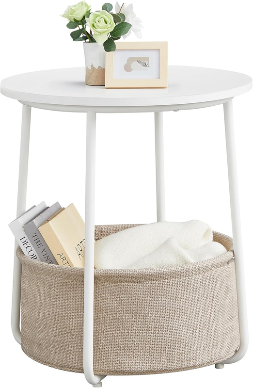 Small Round Side Table Nightstand with Fabric Basket Matte White Camel Brown7