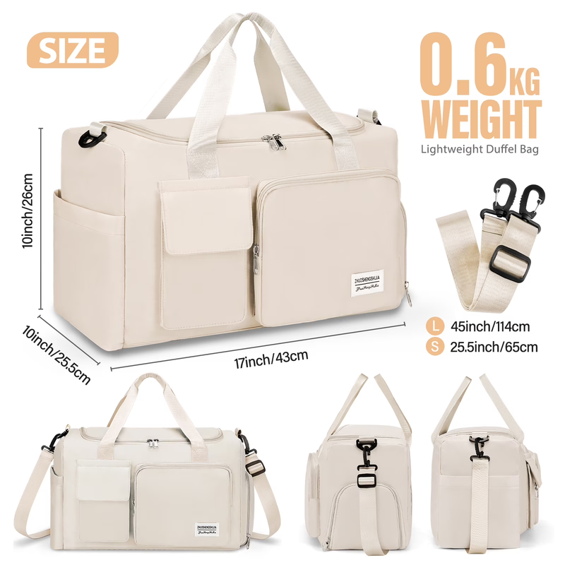 Gym Bag Women Shoe Compartment Dry Wet Travel Weekender Overnight Beige4