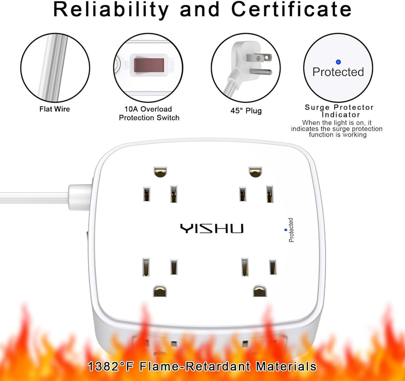 6FT Surge Protector Power Strip 8 Outlets 4 USB Flat Plug Extension Cord5
