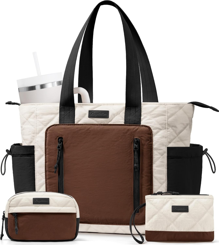 Women’s Puffer Tote Bag Lightweight Quilted Shoulder Handbag Work Laptop Brown10