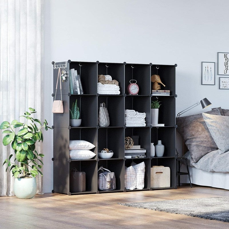 16 Cube Storage Organizer, Modular Plastic Closet Shelve Unit, Black 48.4"x48.4"3