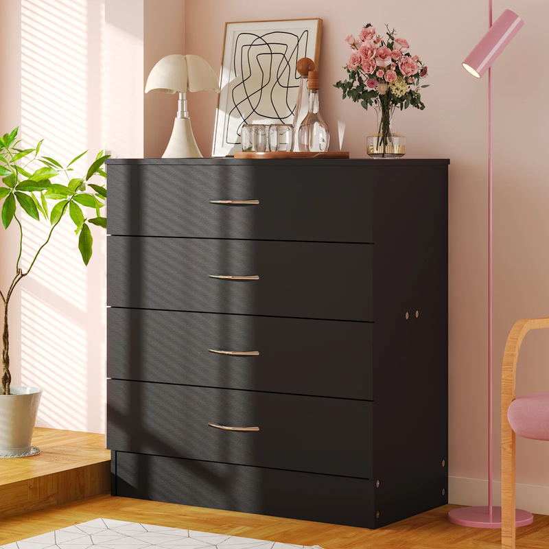 Black Chest of Drawers Dresser Wood Organizer Cabinet, 4 Drawer Nightstand Side1