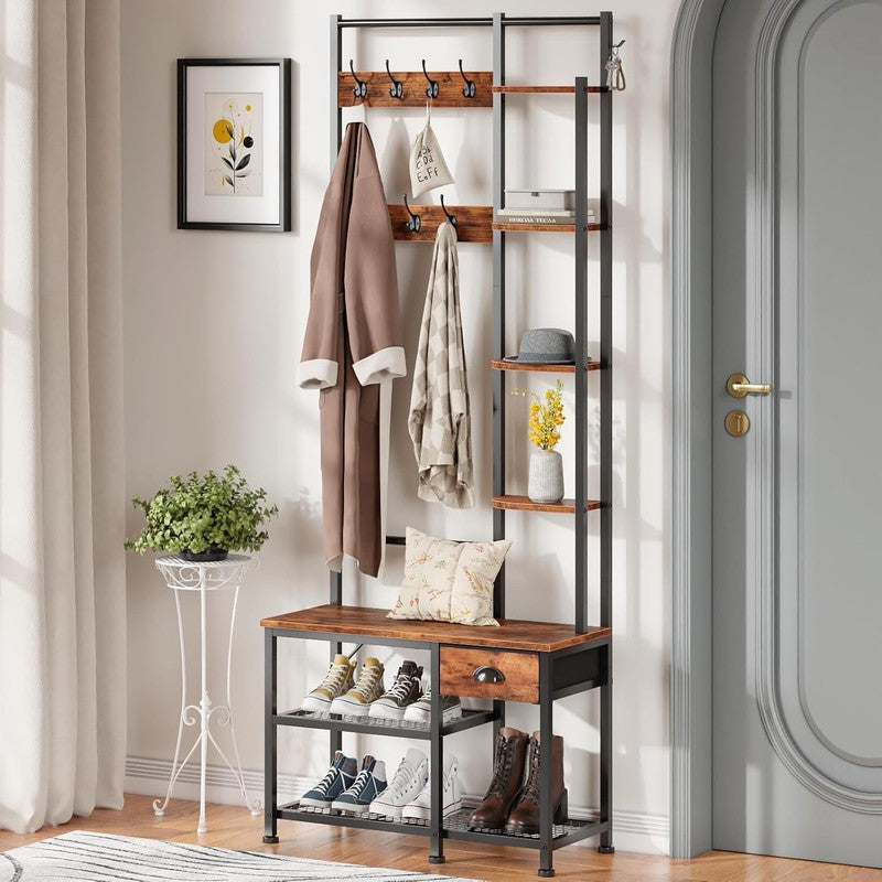 Hall Tree Entryway Bench with Coat Rack & Shoe Storage 4-in-1 Rustic Brown1