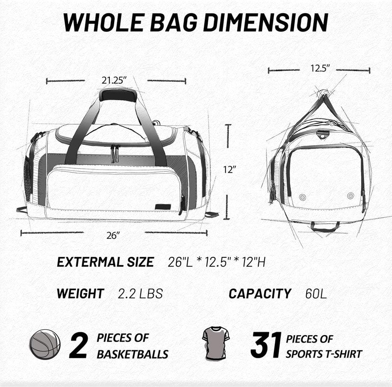 60L Large Gym Duffle Bag Shoes Compartment Lightweight Workout Travel5
