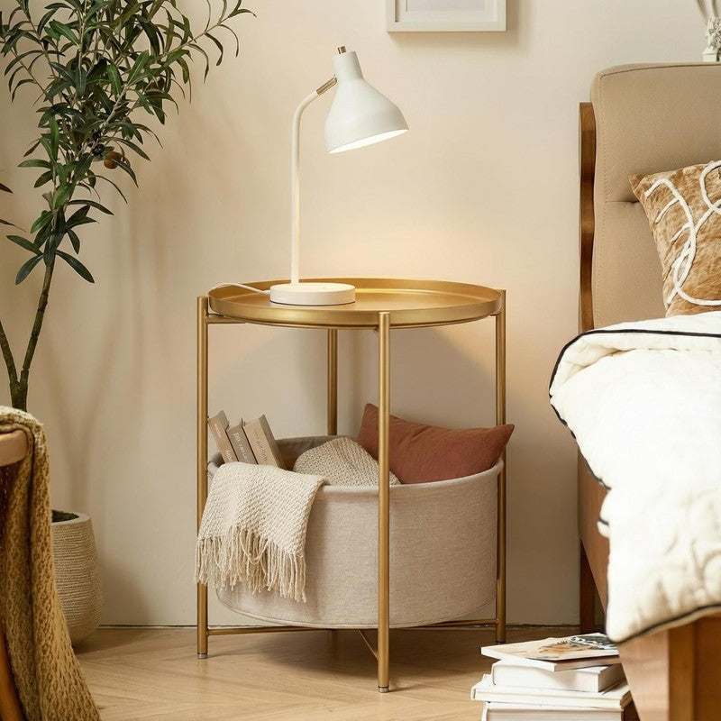 Round Side Table Nightstand with Fabric Basket & Removable Tray Gold1
