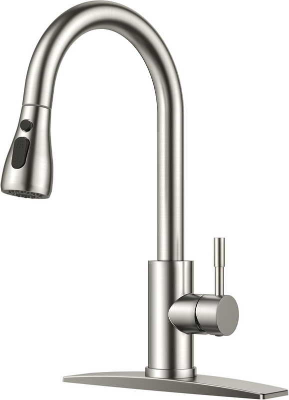 Brushed Nickel Pull Down Kitchen Faucet with Deck Plate for 1 3 Hole Sinks0