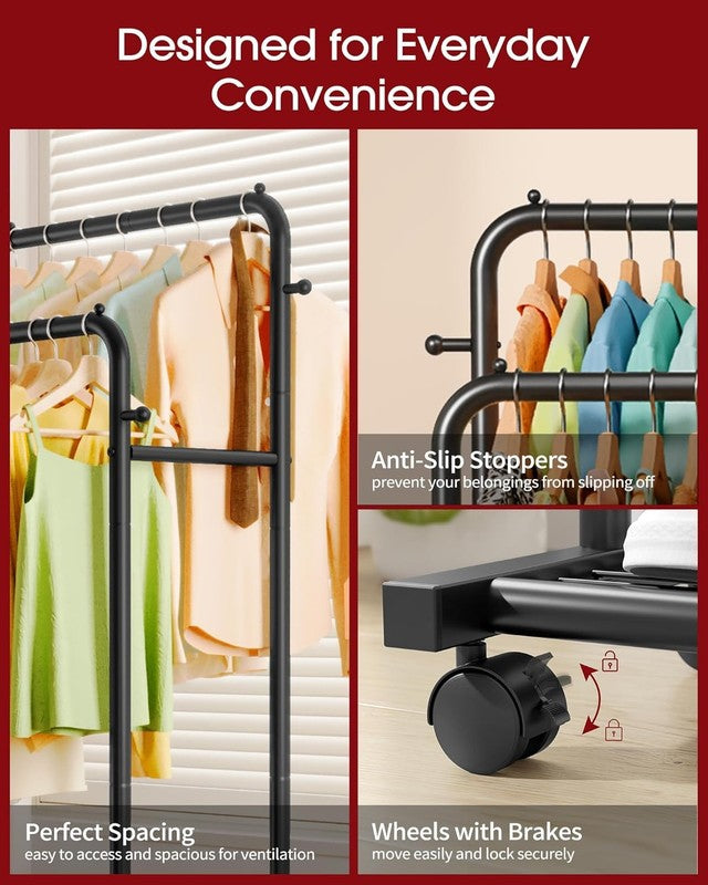 Clothes Rack with Double Rods, Mesh Shelf & Wheels, Metal Garment Rack Black7