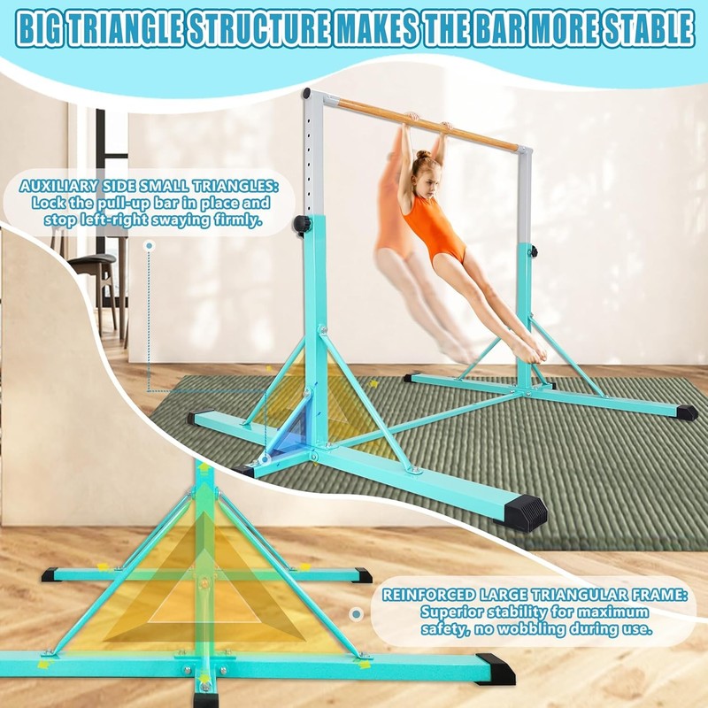 Kids Gymnastics Bar 35" 60" Adjustable Kip Bar 4FT Wide Base Home Training3