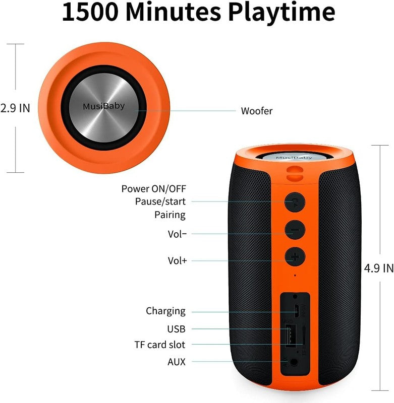 Musibaby 24H Bluetooth Speaker, Waterproof, Dual Pairing, Deep Bass, Orange6