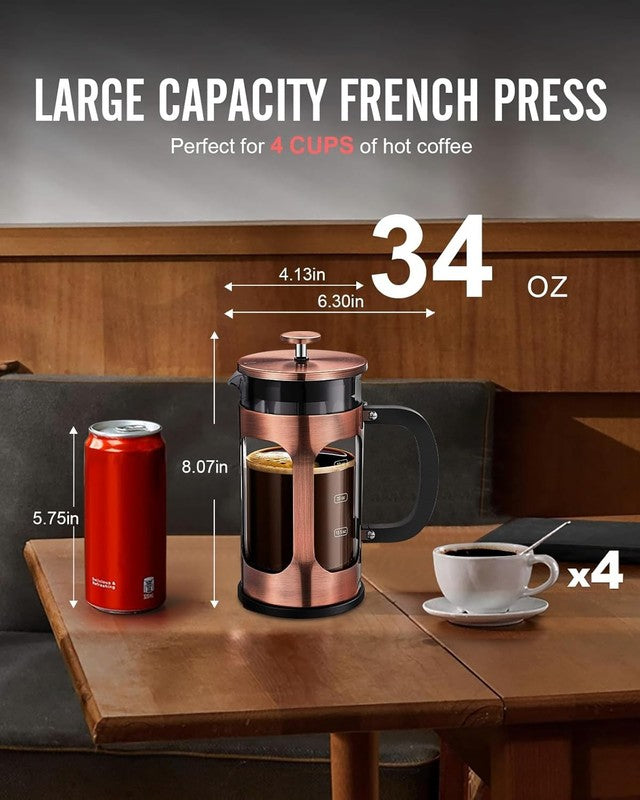French Press Coffee Maker 1L 34Oz Borosilicate Glass Stainless Steel Copper1