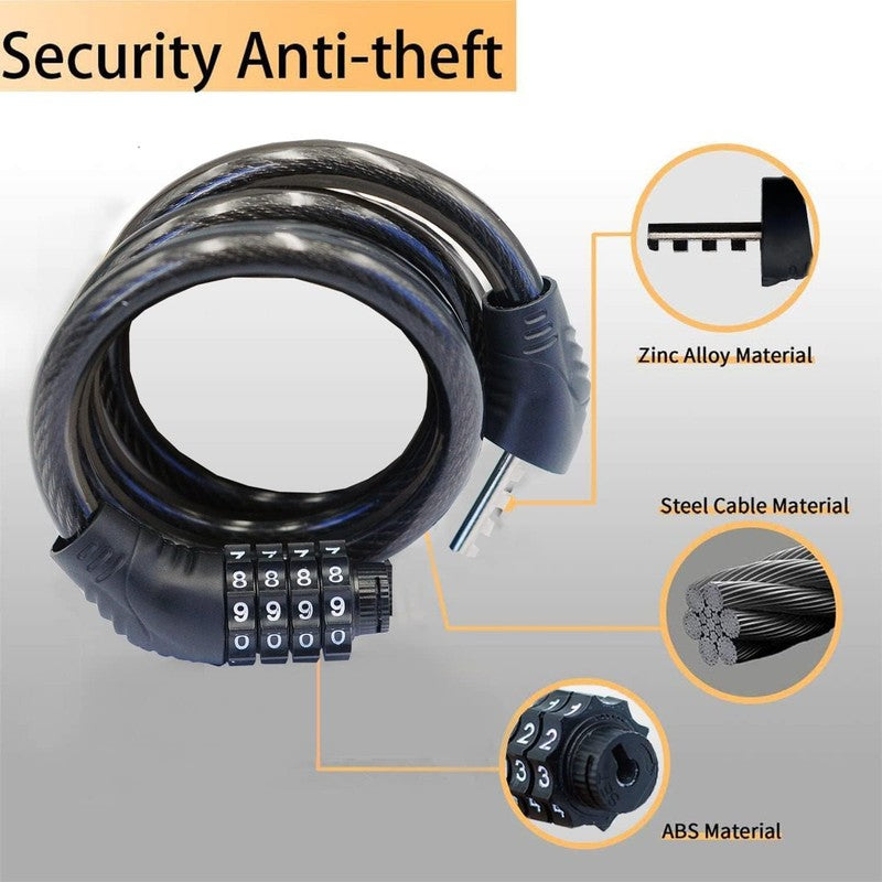 Long Coiled Security Resettable Combination Bike Cable 4 Digit Lock, Anti-Theft 1
