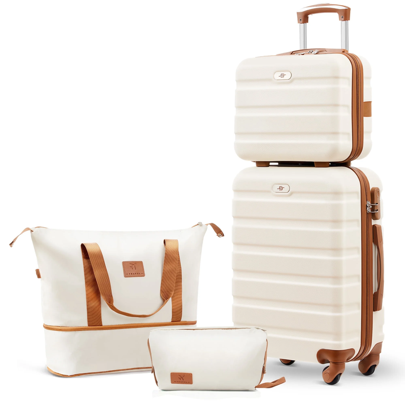 4 Piece Luggage Set ABS Carry On 14 20 Inch Hardside Expandable Duffle White Tan0