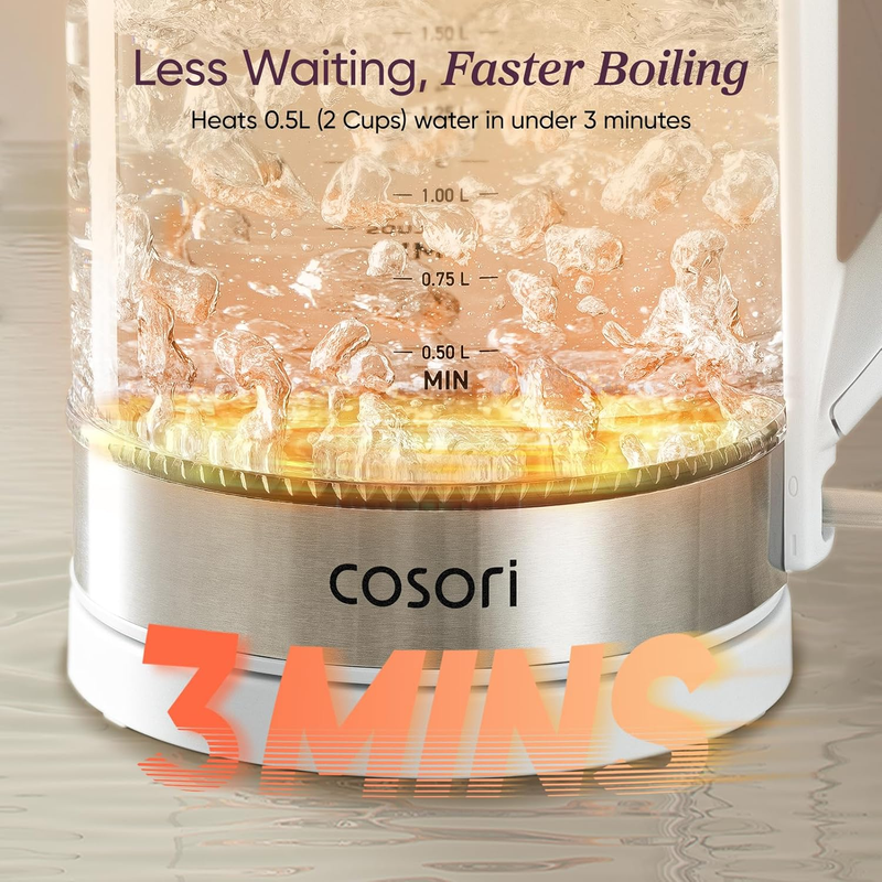 1.7L Glass Electric Kettle No Plastic Contact 1500W Auto Shut Off White2