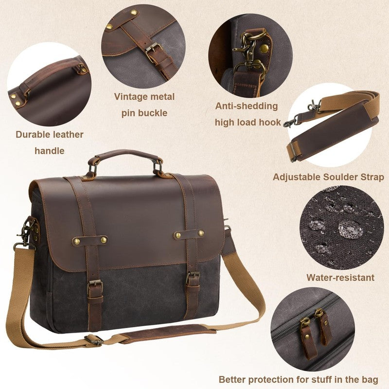 Mens Waxed Canvas Messenger Bag 16 Laptop Briefcase Leather Waterproof Satchel3