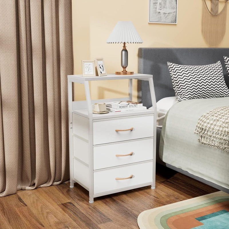 White Nightstand with 3 Drawers and 2 Tier Shelf, Small Night Stand End Table Si7