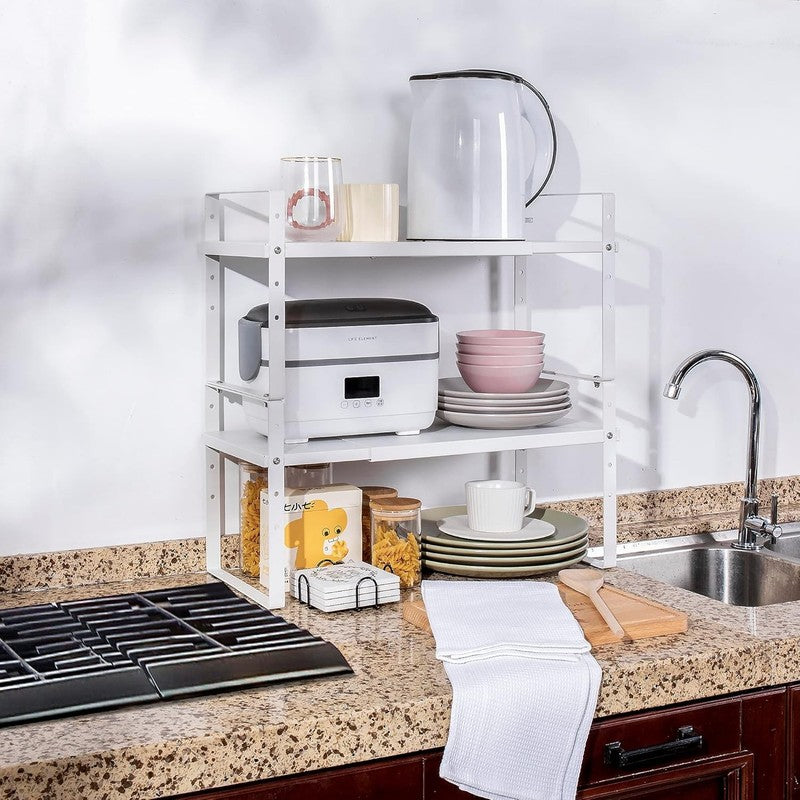 Expandable Cabinet Shelf Organizer 2 Pack Stackable Kitchen Rack White6