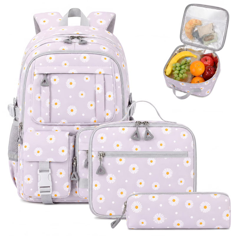 Kids School Backpack Set w/ Lunch Bag Pencil Case Gray Flower0