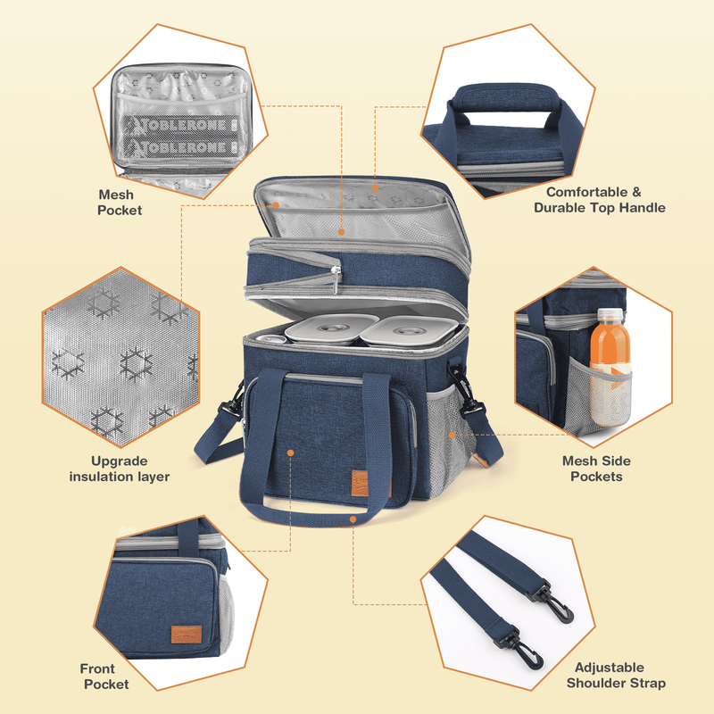 17L Insulated Lunch Bag Expandable Double Deck Cooler Tote Leakproof Work Blue5