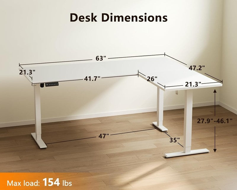 63” Reversible Electric L-Shaped Standing Desk Height Adjustable Corner White2