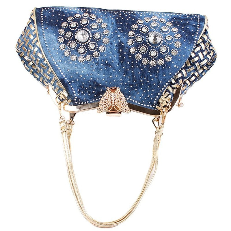 Women Denim Crossbody Bag Knitted Rhinestone Tote Handbag Shoulder Purse3