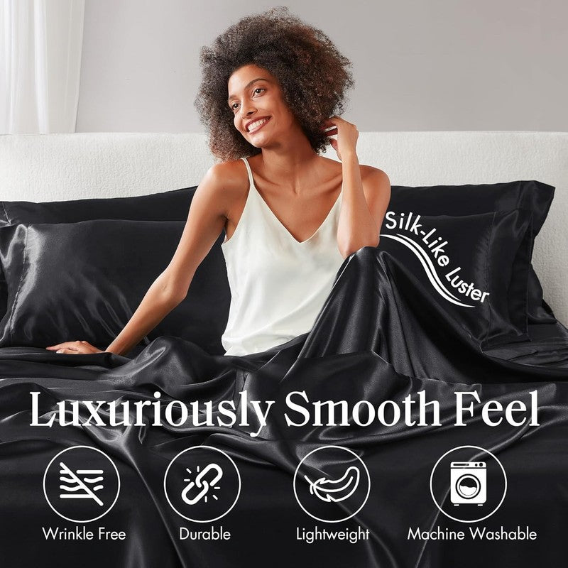 Luxury Satin Sheet Set, King Size, Black, 6 Pieces, Fits Up to 16" Mattress3