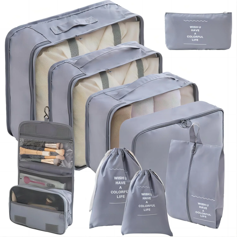 9 Piece Packing Cubes Set Travel Storage Organizer Toiletry Bag Gray9
