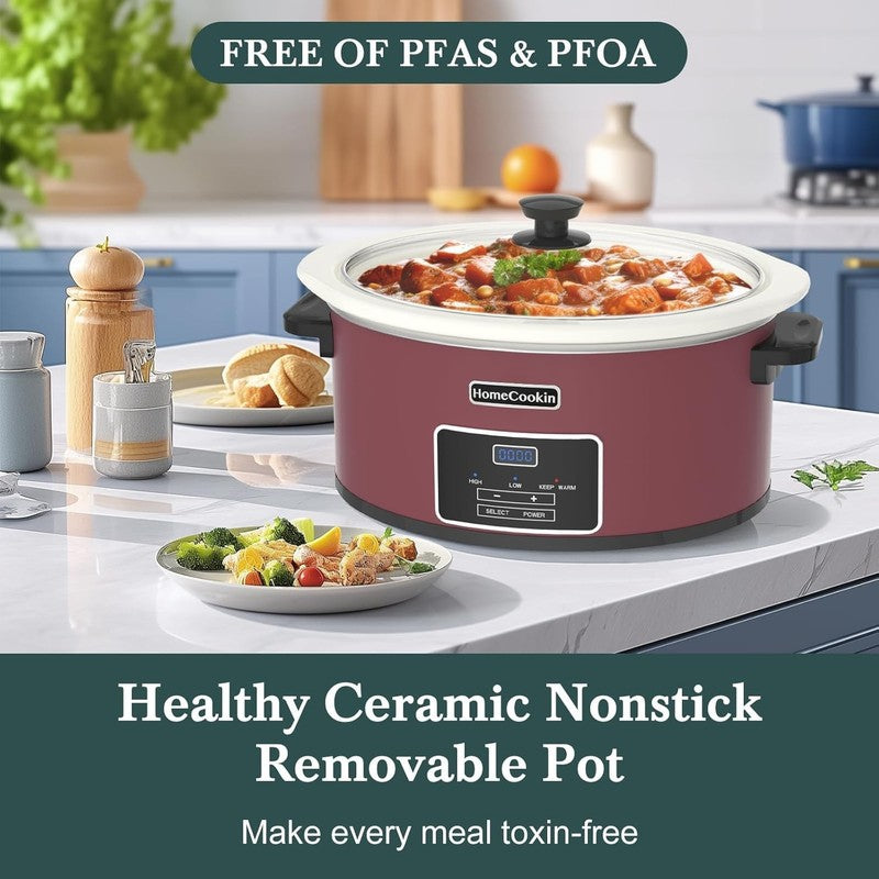 8Qt Programmable Slow Cooker Timer Keep Warm 6+ Servings Red White Liner1