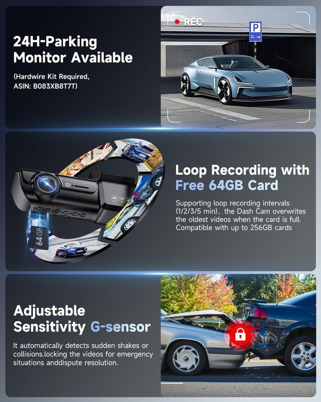4K+1080P Dual Dash Cam Front Rear w/ 64GB Card 5G WiFi App Night Vision5