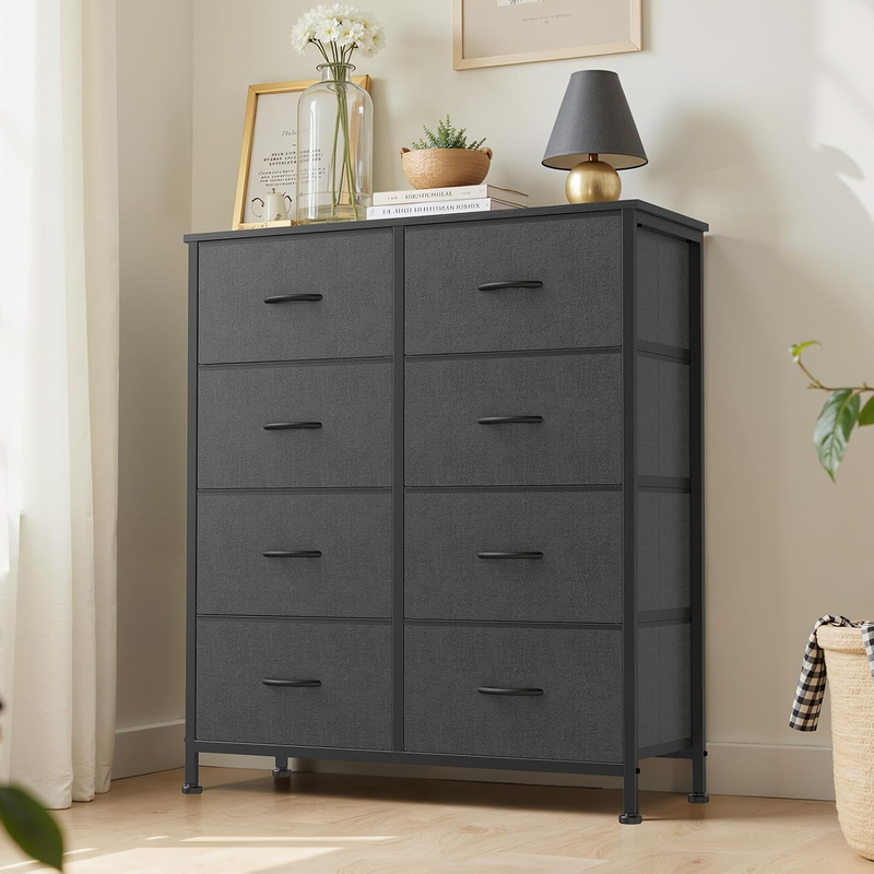 8 Drawer Fabric Dresser Storage Tower Steel Frame Wood Top Grey1