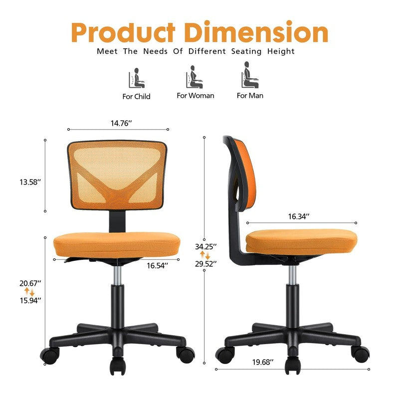 Home Office Desk Chair Armless Mesh Swivel Adjustable Low Back Orange6