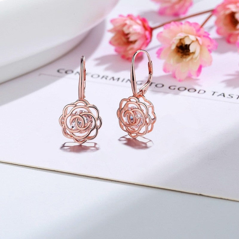 14K Rose Gold Plated Caged with Crystals Rose Lever Back Earrings1