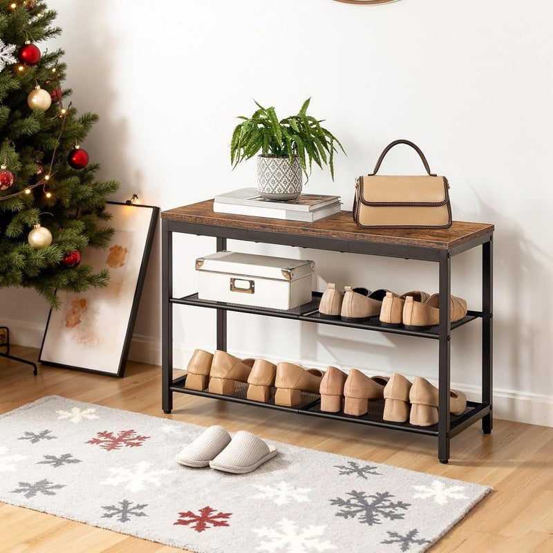 Shoe Bench 3 Tier Rack Industrial Organizer Rustic Brown Entryway3