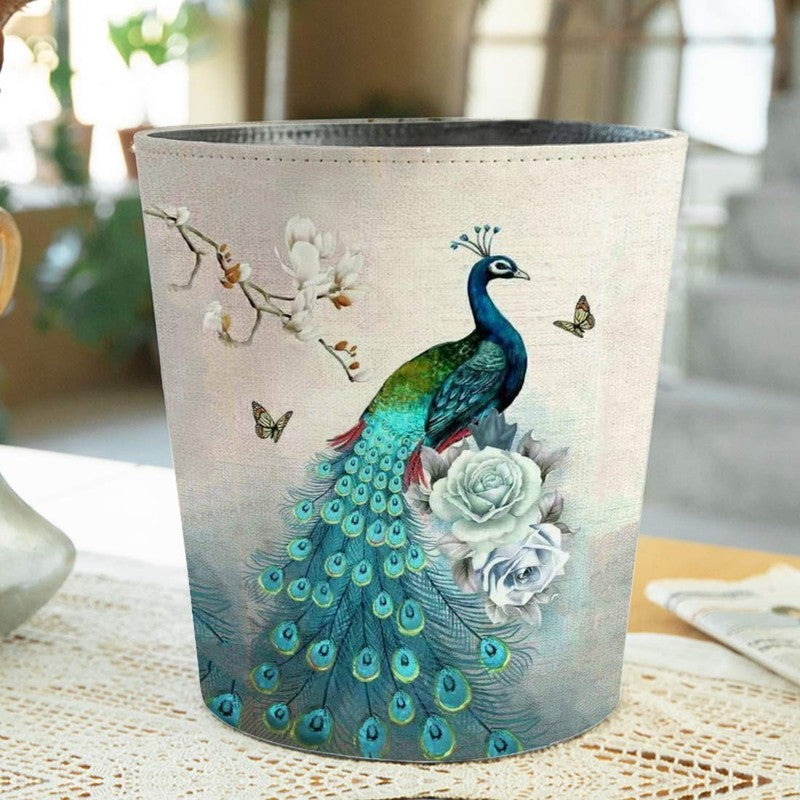 10L PU Leather Trash Can, Waterproof, Peacock Pattern, Decorative Wastebasket1