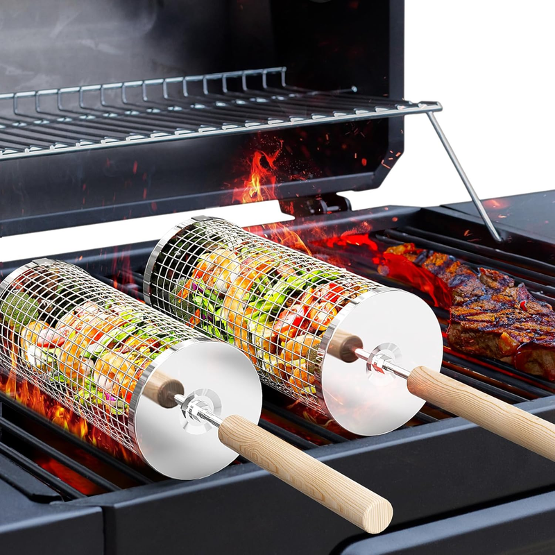Rolling Grill Basket, Removable Wooden Handle, 304 Stainless Steel, Nesting BBQ 9